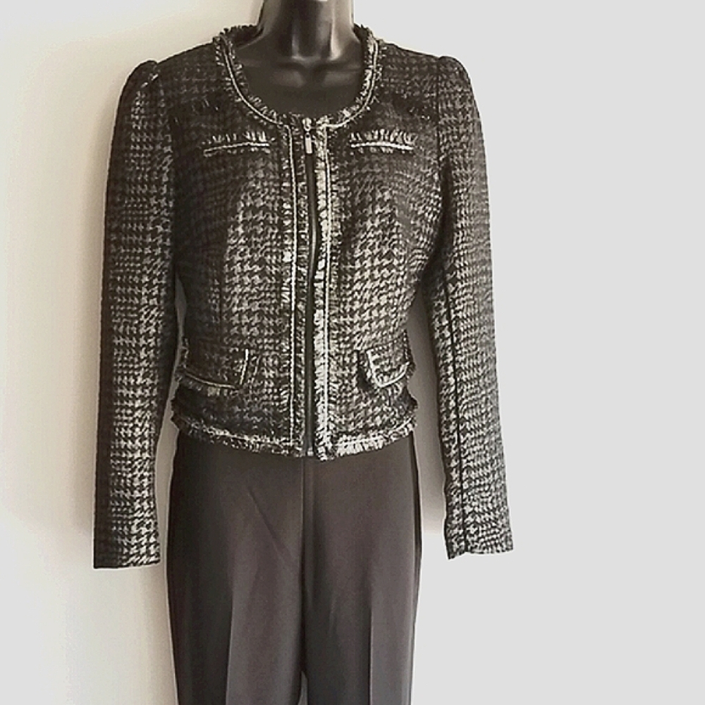 Tweed Houndstooth Metallic Fringe Blazer